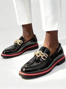 Men's Shiny Metallic Chain Loafers Slip-On Thick Platform Shoes British Style Slouchy Slip-On Business Formal Shoes Men's Red Bottom Commuter Shoes - Black - View 5