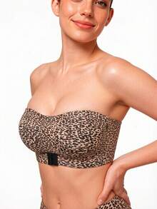 Women's Leopard Print Bandeau Bra With Front Clasp, Seamless Sexy Invisible Strapless Wire-Free Backless Bra, Anti-Slip Invisible Back-Showing Bra With Transparent Shoulder Straps - Khaki - View 6