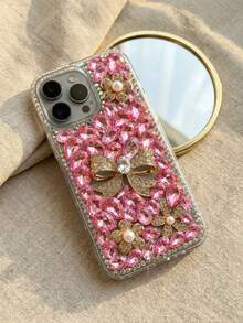 1件裝奢華水鑽3D電鍍蝴蝶結珍珠花手機殼，全包覆設計，相容 iPhone 17/16/15/13 Pro Max、Galaxy S26/A56 和 15，優雅聖誕禮物，適合送給朋友、節日與週年紀念禮物 - 粉色 - 查看 5
