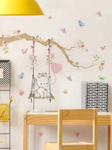 1pc Cute Elephant Swing Branch Heart Balloon Butterfly Wall Decor Sticker Removable Room Decoration Wall Decal For Bedroom Living Room Kids Room - 1PC - View 1