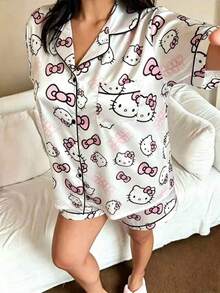 SANRIO 大尺碼真絲睡衣套裝，短袖鈕扣前襟翻領蝴蝶結卡通口袋對比滾邊居家服 - 白色 - 查看 5