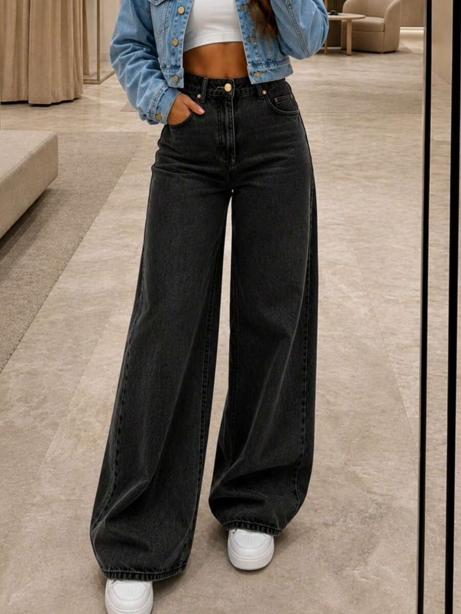 Premium Women's Wide Leg Jeans - 深色水洗藍 - 查看 1