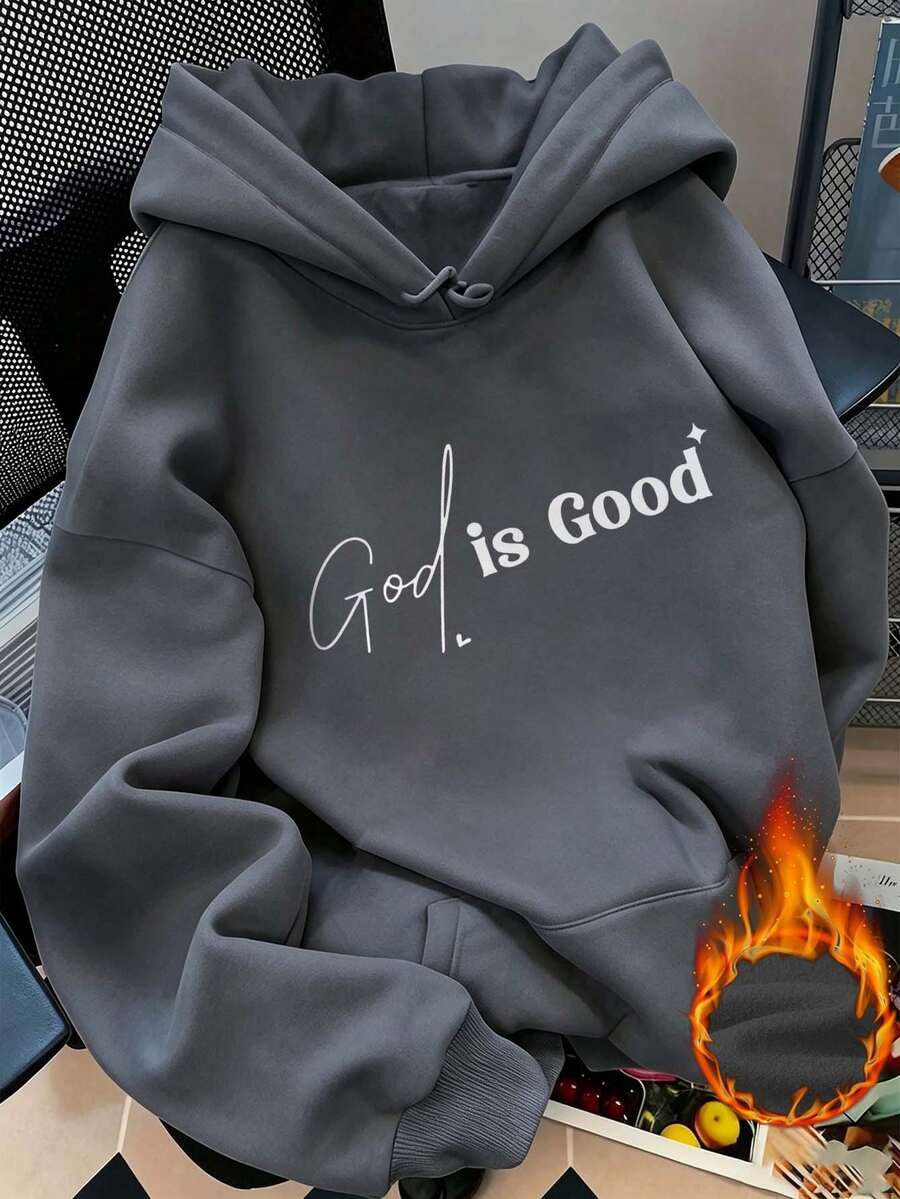 新款女式秋冬連帽衛衣,印有「God Is Good」圖案,柔軟舒適,抓絨內裡休閒上衣 - 深灰色 - 查看 1
