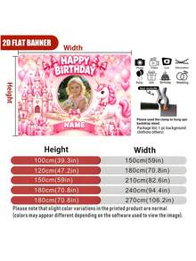 1件可客製化照片與姓名粉色獨角獸公主主題生日派對背景布，粉色愛心氣球、城堡、禮物盒、煙火、花卉、蝴蝶裝飾設計，個性化獨角獸生日主題派對背景裝飾攝影橫幅乙烯基 - 粉色 - 查看 6