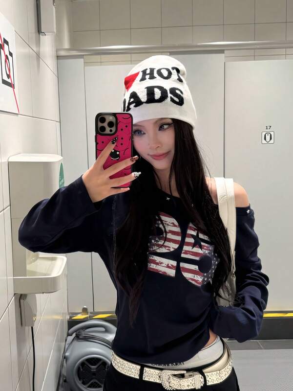 美式復古女款不對稱單肩長袖T恤，修身不對稱領百搭上衣，秋季辣妹風