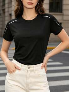Women's Minimalist Contrast Color Line Shoulder Round Neck Short Sleeve T-Shirt, Black Slim Fit Elastic Ice-Feel Fabric, Mother Summer Sports - Black - View 1