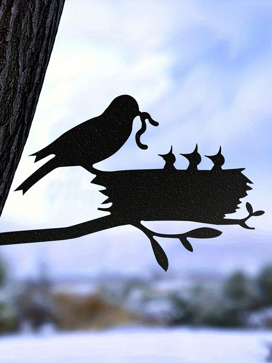 Charming Metal Bird Nest And Feeding Branch Sculpture - Outdoor Garden Decor, Cute Silhouette Stake For Yard, Porch And Fence - Gift For Garden Lovers - Perfect Autumn And Halloween Gift