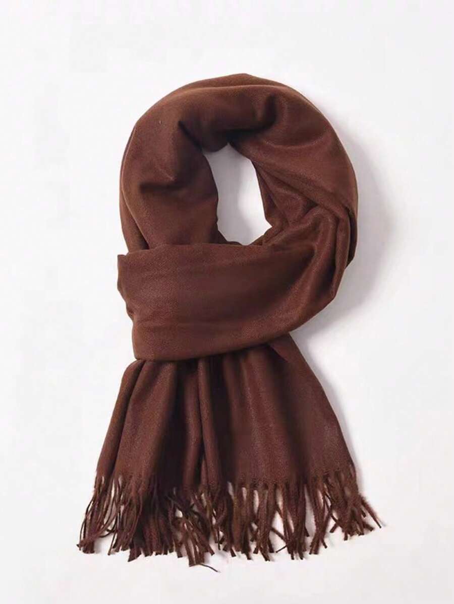 純色雙面仿羊絨圍巾 180*35cm 流蘇保暖頸巾 冬季戶外防寒 - 彩色 - 查看 1