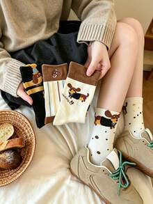 4Pairs All Season Women's Japanese Cute Cartoon Dachshund Dog Ins Coffee Color Vertical Stripe Mid-Calf Socks - Multicolor - View 1