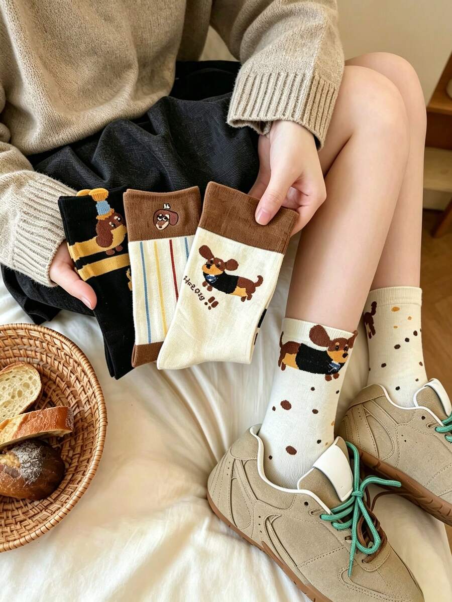 4Pairs All Season Women's Japanese Cute Cartoon Dachshund Dog Ins Coffee Color Vertical Stripe Mid-Calf Socks - Multicolor - View 1