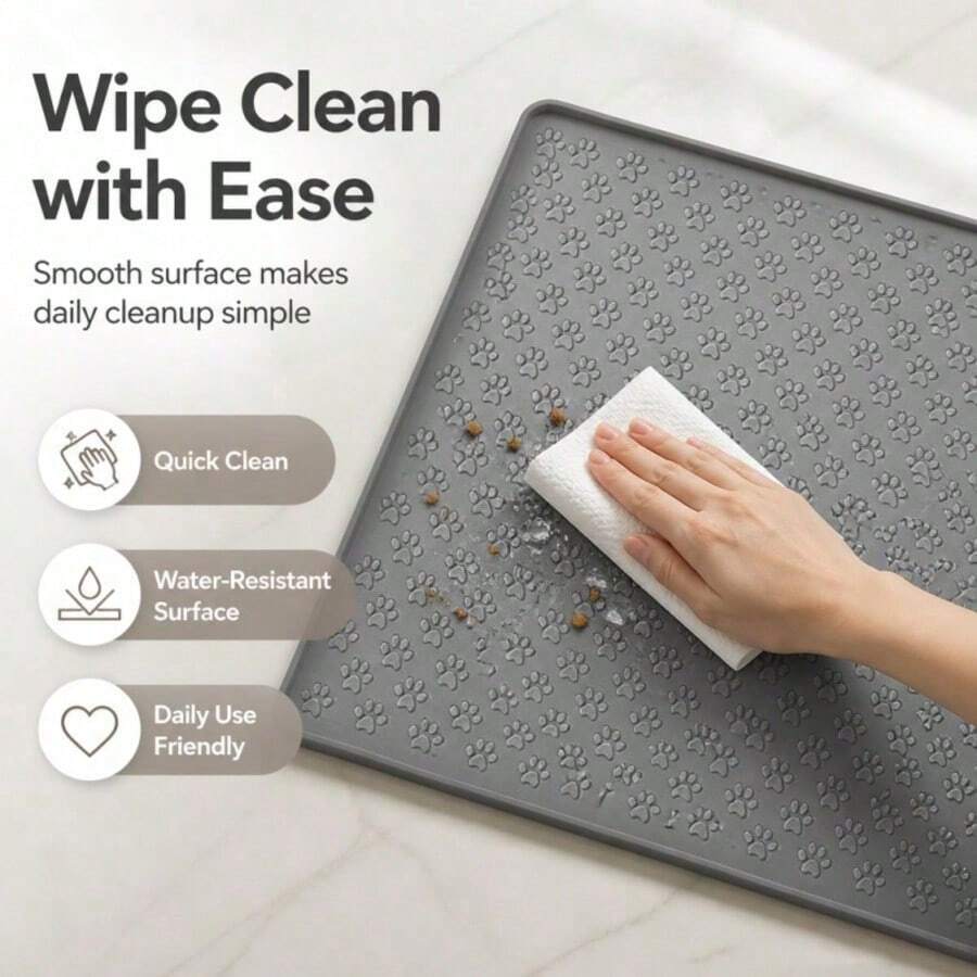 1-Pack Non-Slip Silicone Pet Feeding Mat, With Raised Edges, Paw Print Pattern, Waterproof, For Cats, Dogs, And Other Pets, Durable, Ideal For Christmas Holiday Gifts, Home Kitchen Floor Protection, Pet Supplies Gifts, Easy To Clean. - Grey - View 1