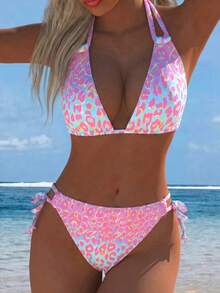 Spring/Summer New Leopard Print Bikini Set, Halter Tie Design, Beach Vacation, Date, Party - Multicolor - View 1