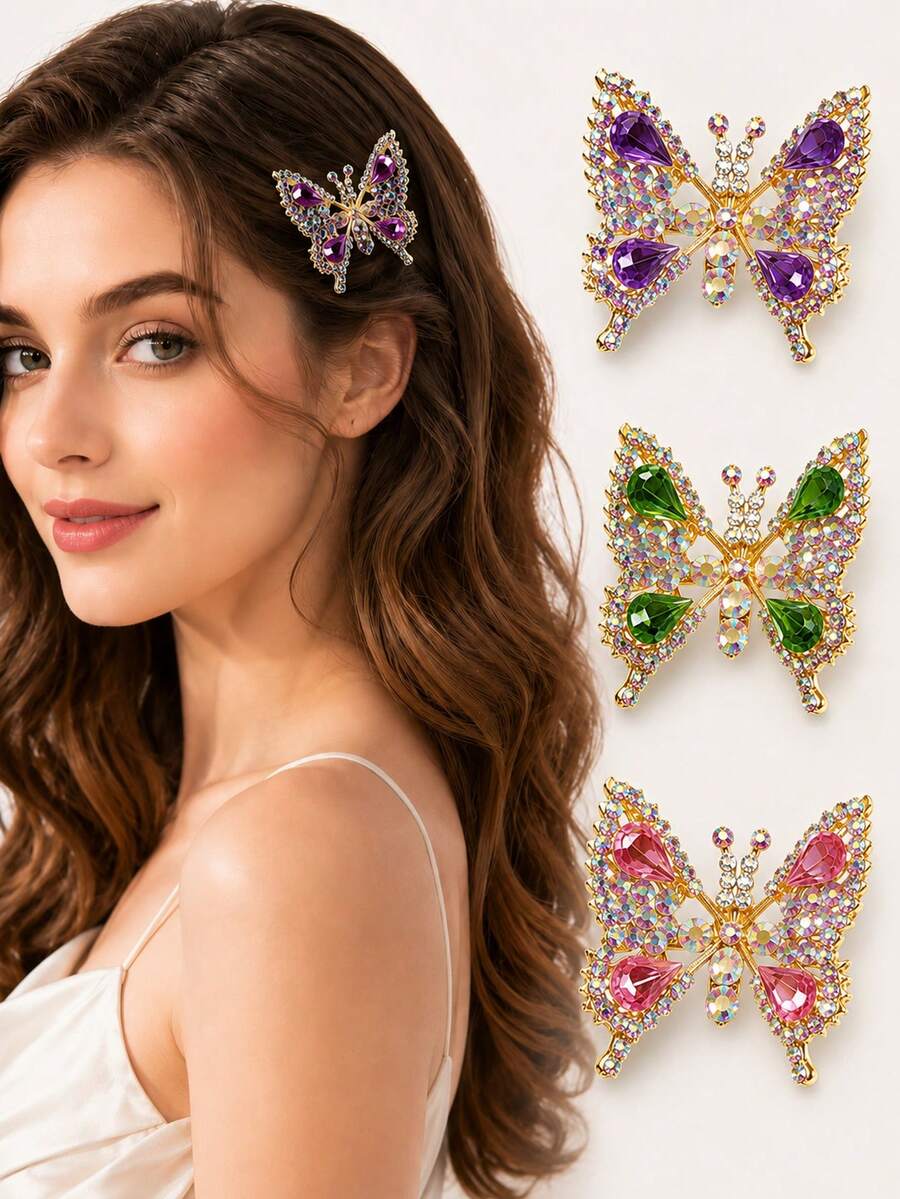 3 piezas/Set Pinzas para el cabello con mariposa y cocodrilo de strass de colores con movimiento dinámico, Set de 3 colores, Pinzas para el cabello con alas móviles de strass, Pinzas para el cabello con mariposa, Pinzas para el cabello con cocodrilo, Pinzas para el cabello con strass, Pinzas con mariposa móvil, Pinzas con alas de mariposa con movimiento dinámico, Pinzas para el cabello con strass iridiscente