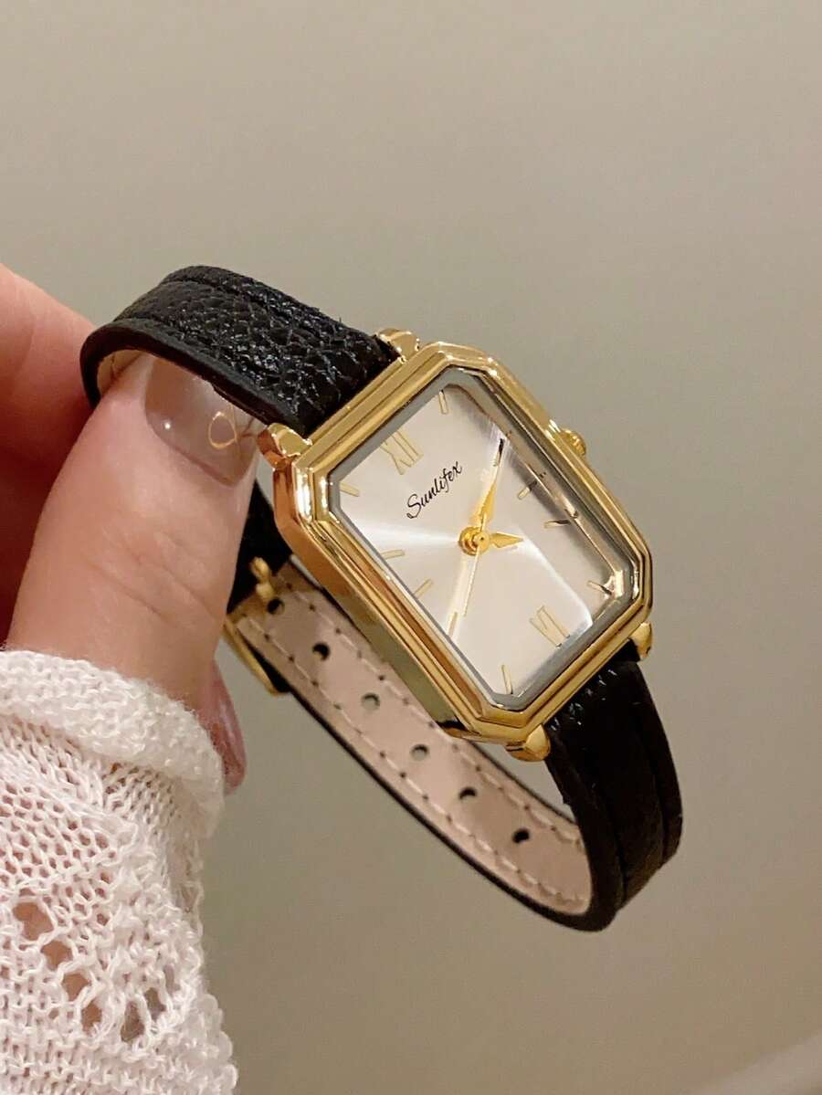 1件女款橢圓羅馬數字休閒優雅石英手錶,適合日常配戴 - 黑色 - 查看 1