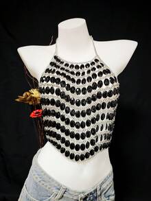 Women's Luxury Shiny Rhinestone Tassel Camisole See-Through Party Club Sexy Crop Top - Black - View 4
