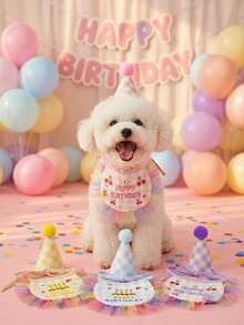 2pcs/Set - Cute Dog Birthday Hat + Bib Set! Happy Birthday Bib Mini Party Hat, Plaid Mesh Bib, Adjustable Bib Scarf For Cats And Dogs, Pet Birthday Costume Accessories - Multicolor - View 3