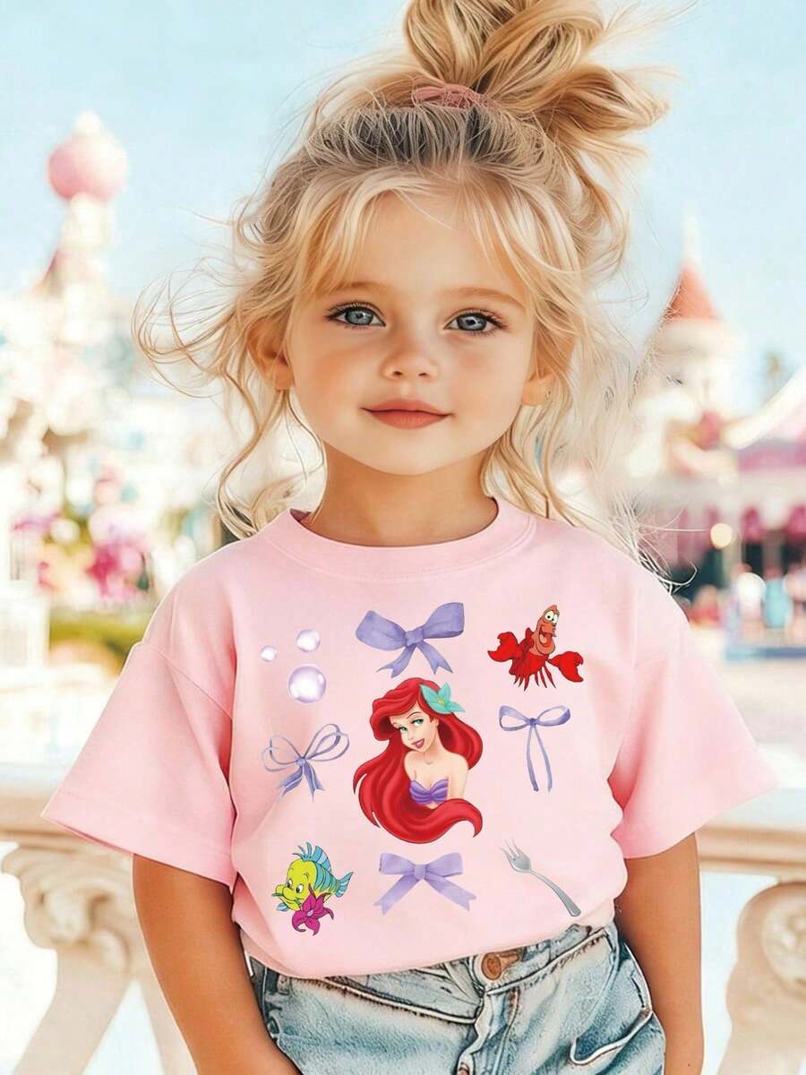The Little Mermaid Ariels And Friends Kids T-Shirt 100% Cotton Crew Neck Summer Tee Girls Boys Mermaid Cute Short Sleeve Vacation Holiday Gift Top - 粉色 - 查看 1