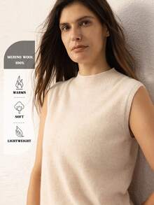 100% Pure Merino Wool Women's Vest, Stand Collar Sleeveless Knit Tank Top, Wool Base Layer Pullover, Basic Top, Women's Autumn Sweater Casual - Beige - View 1