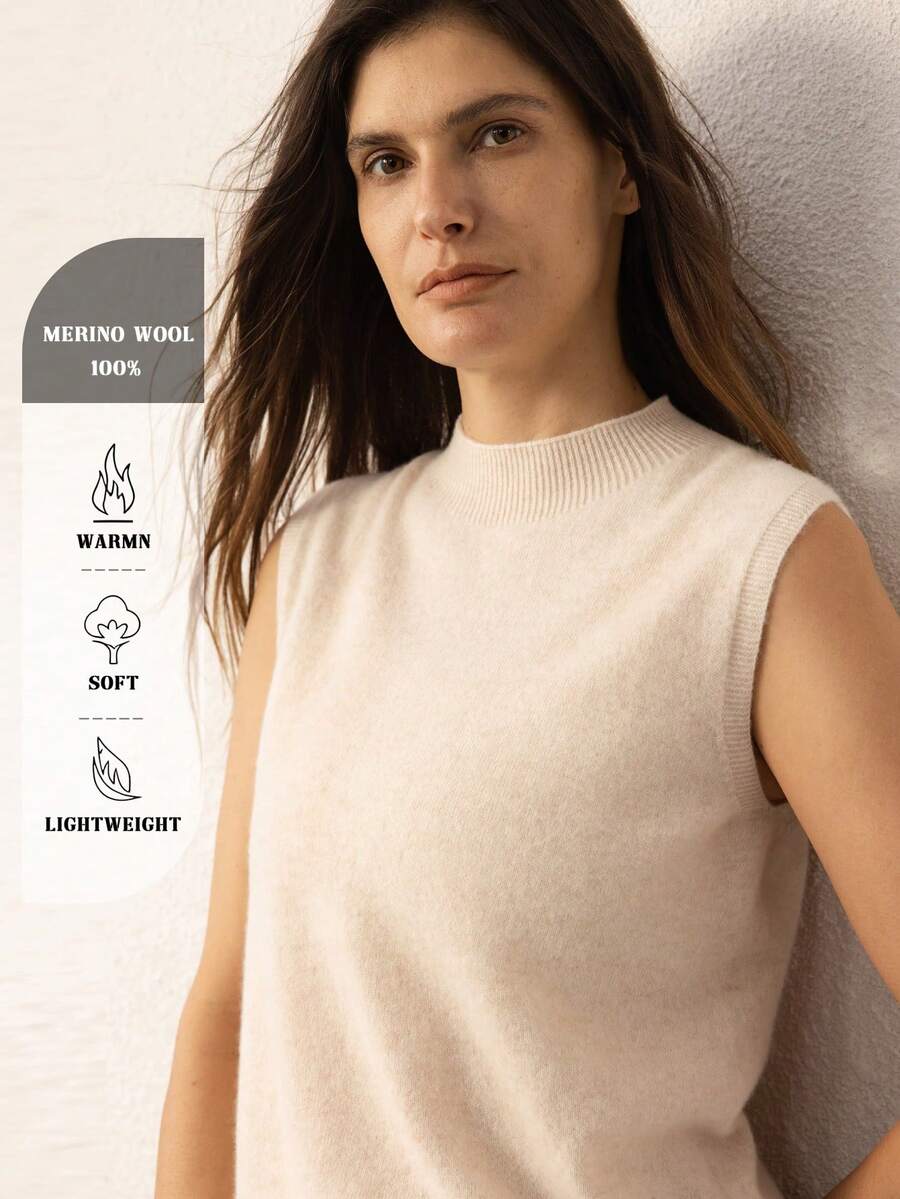 100% Pure Merino Wool Women's Vest, Stand Collar Sleeveless Knit Tank Top, Wool Base Layer Pullover, Basic Top, Women's Autumn Sweater Casual - Beige - View 1