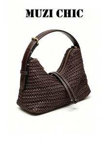 Bolso de mano tejido marrón oscuro, bolso bandolera de doble uso con correa de PU, bolso de hombro tejido de paja vintage para vacaciones de verano - Café - Ver 5