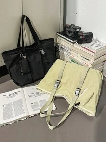 大容量燈芯絨托特肩背包 | 芥末黃配色對比肩帶包 | 工作/學校/旅行 | 耐用包款 - 彩色 - 查看 6