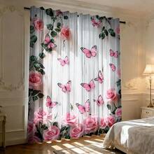 2pcs High Definition Digital Sweet Girl Style Pink Rose Butterfly Print Decorative Curtains, Polyester Material, Easy To Install, Rod Pocket Hanging, Semi-Transparent Privacy Protection, Machine Washable And Hand Washable, Suitable For Bedroom, Office, Kitchen, Living Room, Study, Home Decor. - Multicolor - View 1