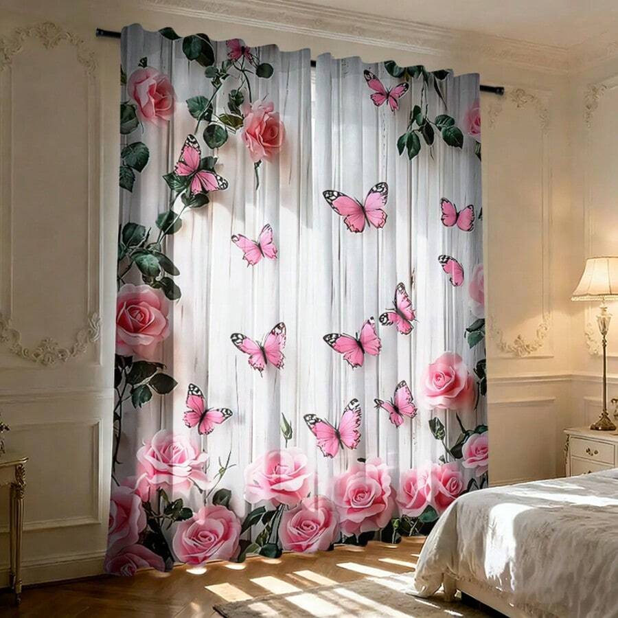 2pcs High Definition Digital Sweet Girl Style Pink Rose Butterfly Print Decorative Curtains, Polyester Material, Easy To Install, Rod Pocket Hanging, Semi-Transparent Privacy Protection, Machine Washable And Hand Washable, Suitable For Bedroom, Office, Kitchen, Living Room, Study, Home Decor. - Multicolor - View 1
