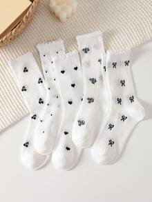 5 Pairs White Women's Mid-Calf Socks With Bow, Polka Dot, Cherry Patterns, Suitable For All Seasons - White - View 4