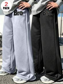 2件組男孩寬腿運動長褲，仿刺繡「Bro」圖案，寬鬆版型，適合運動與休閒穿著，秋冬款 - 彩色 - 查看 1