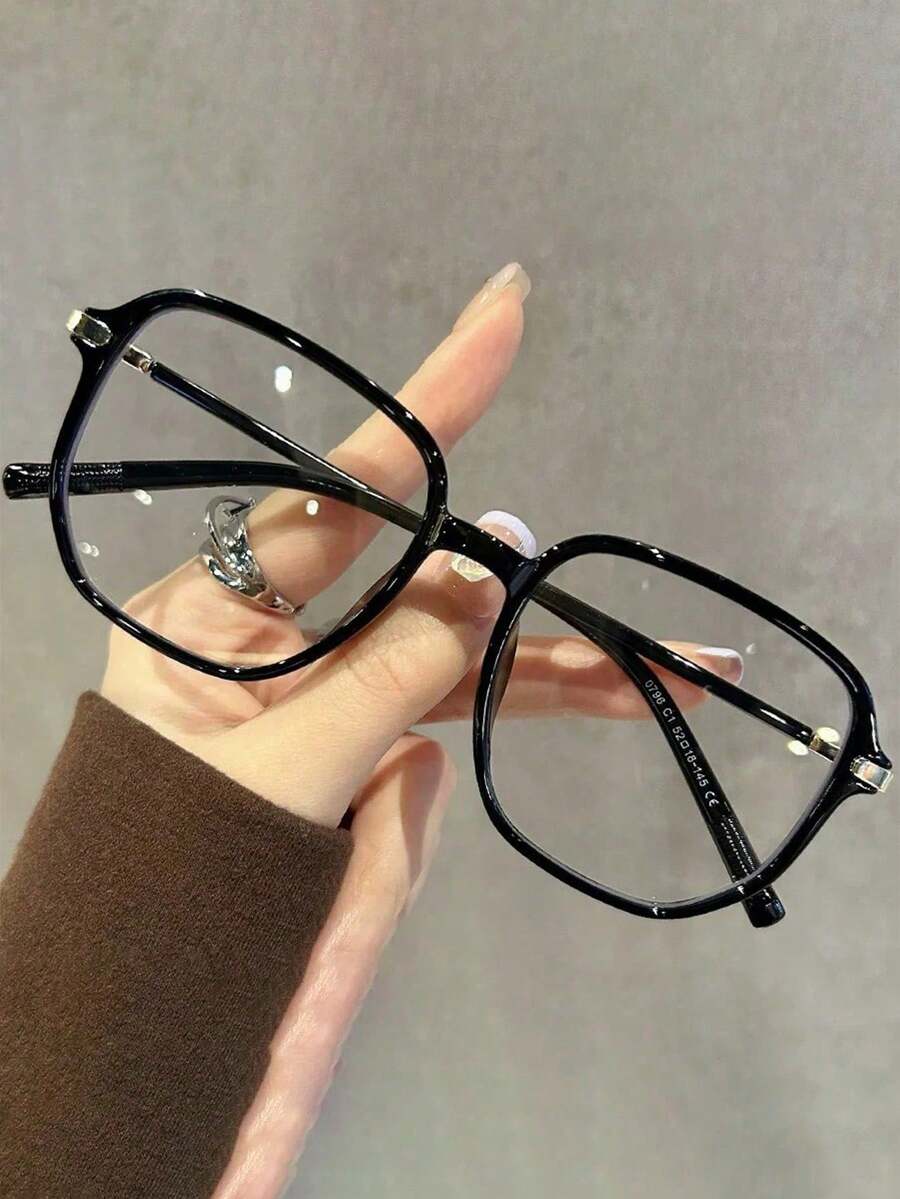 Kacamata Unisex Retro Glossy Black Oversized Polygon Frame, Dekorasi Logam, Membuat Wajah Tampak Lebih Ramping, Warna Solid, Cocok untuk Kantor dan Pemakaian Sehari-hari
