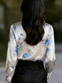 春季新款女式緞面優雅印花襯衫，前開鈕扣設計，適合商務休閒場合，可機洗 - 藍色 - 查看 3