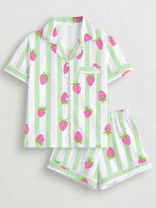 2pcs/Set Women's Pajama Set, Striped Strawberry Print, Women's Loungewear, Spring/Summer Holiday Outfit, Short Sleeve Lapel Top And Shorts Set Suitable For Outdoor Wear - Multicolor - View 1