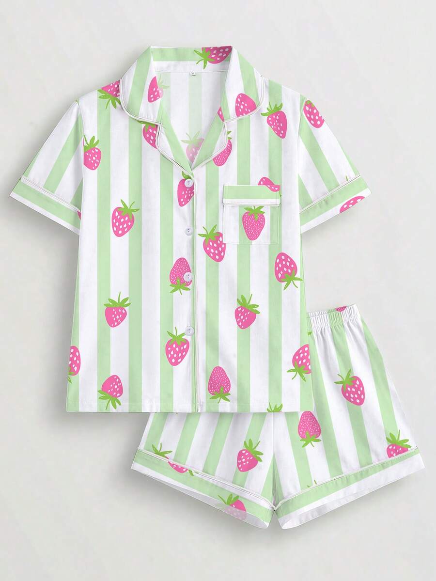 2pcs/Set Women's Pajama Set, Striped Strawberry Print, Women's Loungewear, Spring/Summer Holiday Outfit, Short Sleeve Lapel Top And Shorts Set Suitable For Outdoor Wear - Multicolor - View 1