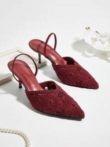 杏色尖頭包頭刺繡花卉後扣slingback一腳蹬酒杯跟高跟鞋 中東風穆勒鞋 - 酒紅色 - 查看 2