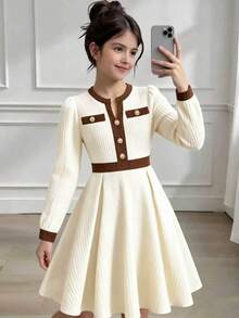 Girls' Contrast Texture V-Neck Pearl Button Long Sleeve Princess Dress, Suitable For Spring/Autumn, Gentle Style For Hospital Discharge And Family Gatherings - Apricot - View 4