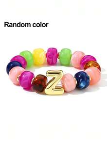 1pc Women's Rainbow Letter Beaded Bracelet, Colorful Resin Large Bead Elastic Bangle, A-Z English Letter Personalized Design, Stackable Fashion Accessory, Suitable For Daily Wear And Gifting - Multicolor - View 36