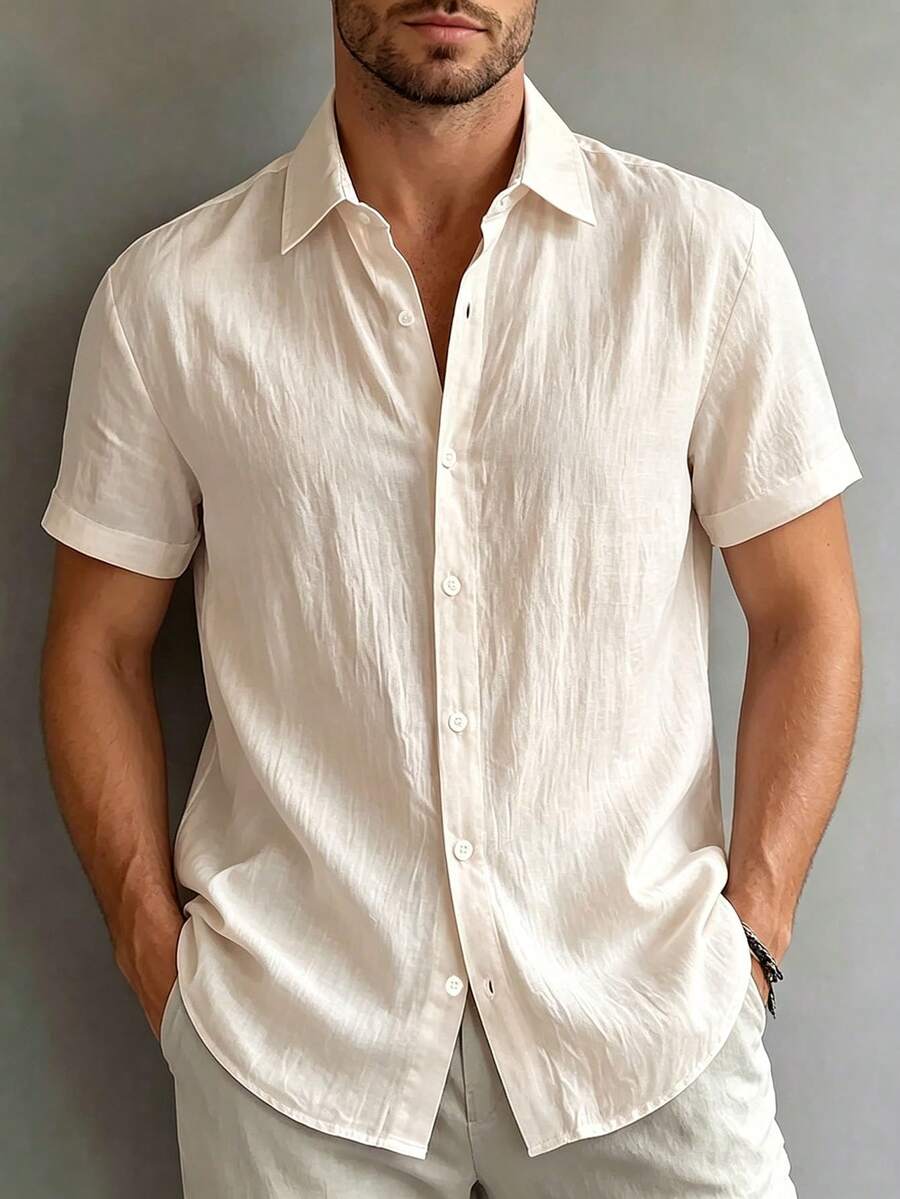 Bubble Crinkle Autumn Casual Basic Plus Size Men's Button Short Sleeve Shirt - Apricot - View 1