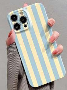 1pc Minimalist Girl Style Striped Pattern Perforated Glossy Film Full Coverage Hard Phone Case Compatible With IPhone 11/12/13/14/15/16 Pro Max - Multicolor - View 1