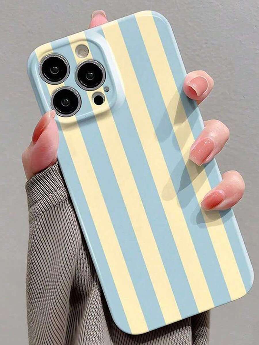 1pc Minimalist Girl Style Striped Pattern Perforated Glossy Film Full Coverage Hard Phone Case Compatible With IPhone 11/12/13/14/15/16 Pro Max - Multicolor - View 1
