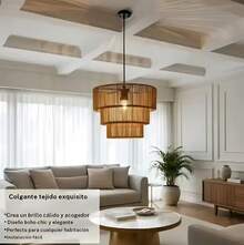 Dieser im Bohème-Stil gefertigte Kronleuchter-Lampenschirm, handgefertigt aus Naturseilen und Rattan, hat ein dreistufiges zylindrisches Design und eignet sich für Schlafzimmer, Badezimmer und die Dekoration von Landhäusern. - 1 - Übersicht 2