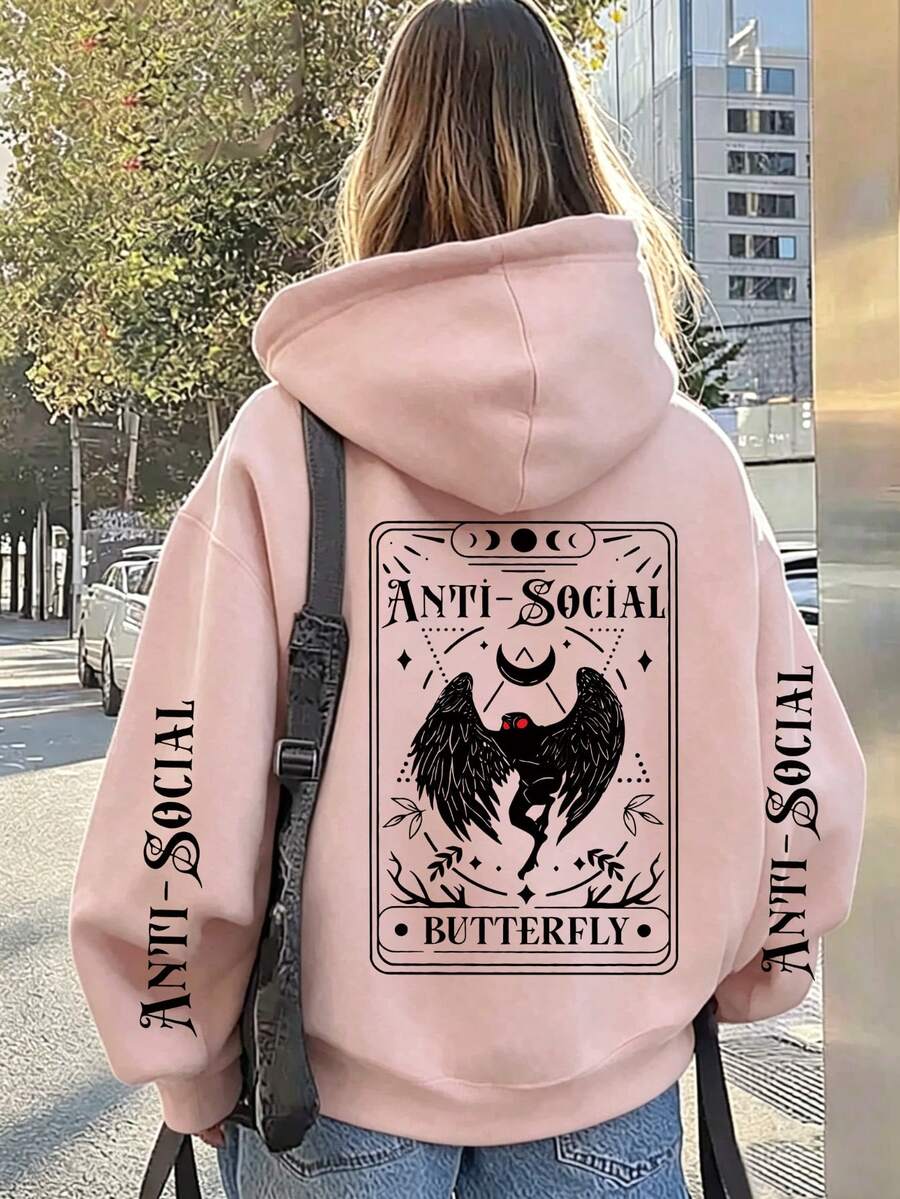Monster Letter Print Pattern Sweatshirt, Plus Size Women's Casual Autumn/Winter Long Sleeve Pocket Sweatshirt Sweatshirt Pink - Pink - View 1