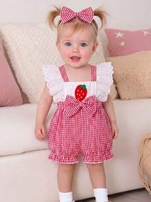 Conjunto de 2 piezas para niña bebé: mono con bordado de fresa, estampado a cuadros, encaje calado, mangas volantes, espalda descubierta y bajo con volantes, con diadema de lazo extragrande, estilo enérgico, lindo, fresco y pastoral - Rojo - Ver 1