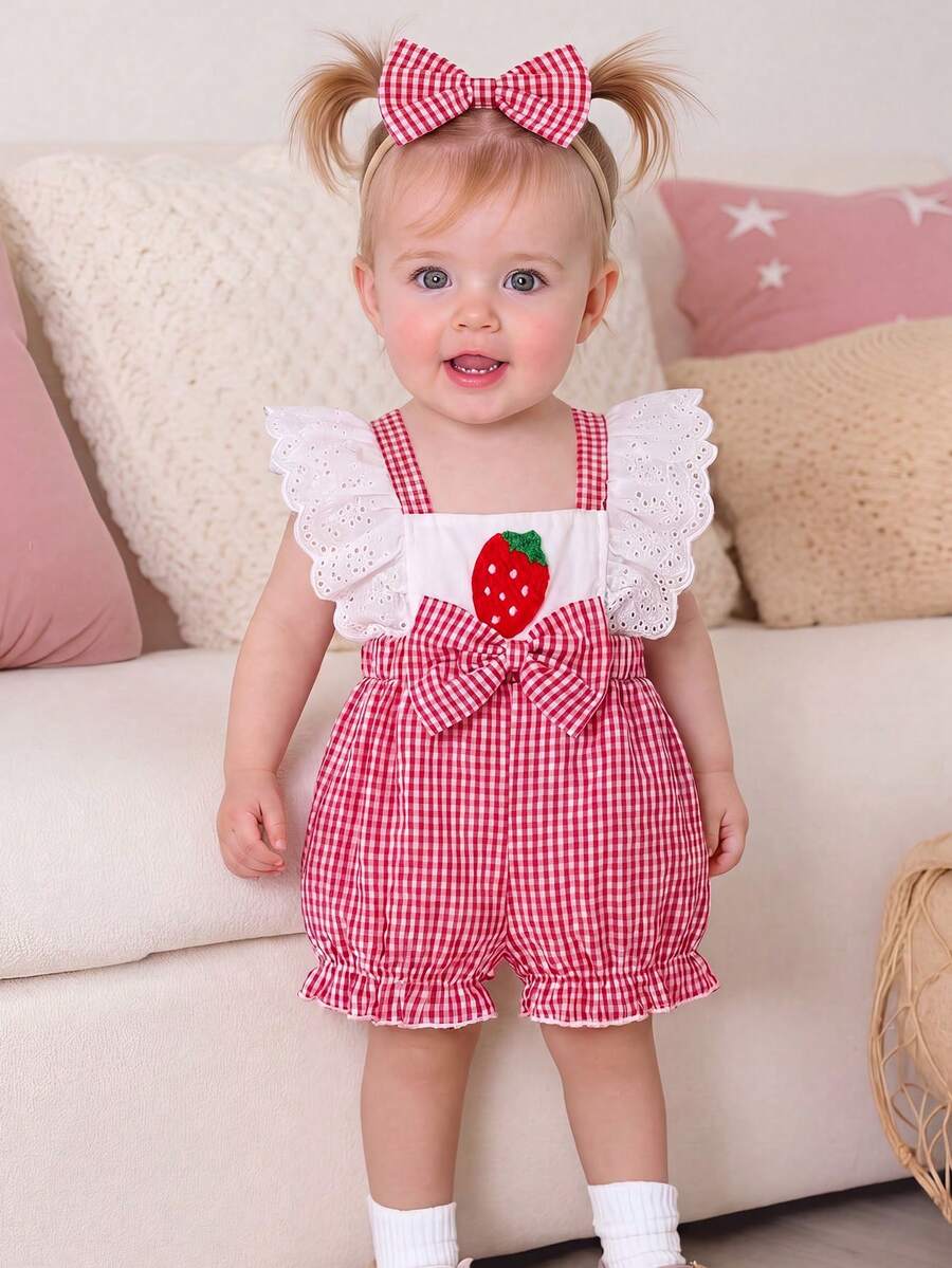 Conjunto de 2 piezas para niña bebé: mono con bordado de fresa, estampado a cuadros, encaje calado, mangas volantes, espalda descubierta y bajo con volantes, con diadema de lazo extragrande, estilo enérgico, lindo, fresco y pastoral - Rojo - Ver 1
