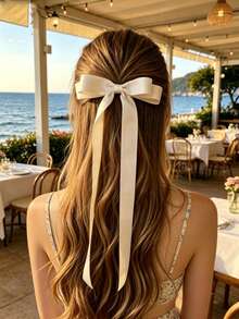 1pc White Satin Bow Hair Clip, Women's Long Ribbon Bow Hair Clip, Suitable For Daily Wear, Wedding Party Vintage Hair Accessory - White - View 3