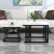 Set Of 2 Modern Side Table Set, 2 Tables MDF White Black Marble Effect - 白色 - 查看 3