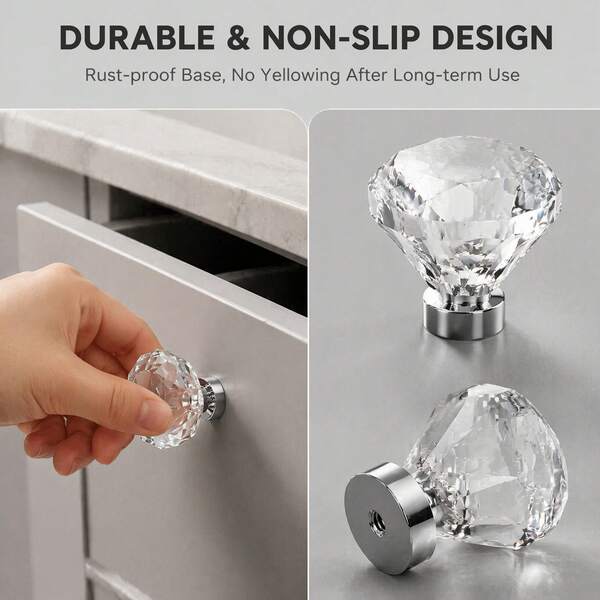 6/10pcs Crystal Glass Cabinet Handles 30mm Diamond Shaped Drawer Kitchen Cabinet Vanity Cabinet Wardrobe Pulls (30mm, Transparent)