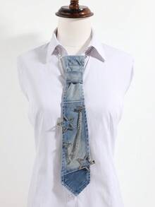 1PC Vintage Washed Light Blue Denim Tie With Rhinestone Star Chain, Y2K Millennium Hot Girl Shirt Decorative Mini Tie - Light Denim Stars - View 6