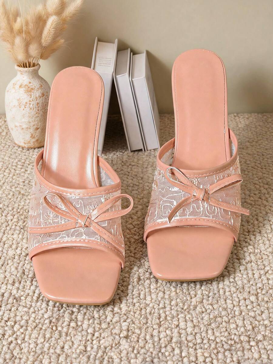 Kitten Heels For Women Square Toe Heels With Bow Vintage Mules Sexy Slip On Stiletto Backless Sandals For Party Daily - Pink - View 1