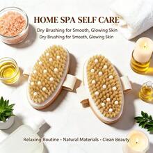 Boar Bristle Bath Brush Body Dry Brush Back Scrubber Body Scrubbing Massage Cleaning Brush - Champagne - View 4