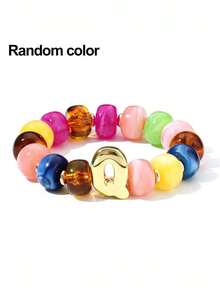 1pc Women's Rainbow Letter Beaded Bracelet, Colorful Resin Large Bead Elastic Bangle, A-Z English Letter Personalized Design, Stackable Fashion Accessory, Suitable For Daily Wear And Gifting - Multicolor - View 34